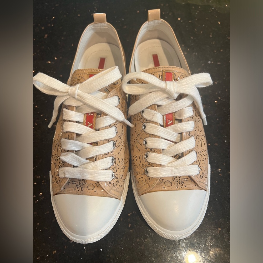 Prada Laser Cut Beige Sneakers shoes 35.5